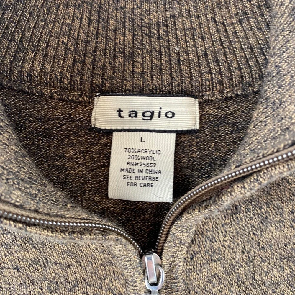 Tagio Mens‎ Argyle Quarter Zip Sweater Brown Wool Blend Marled Pullover Large